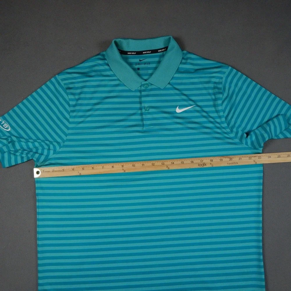 Nike Golf Polo Shirt Mens L Blue Green Striped Dri-Fit Short Sleeve Tour 18 Logo